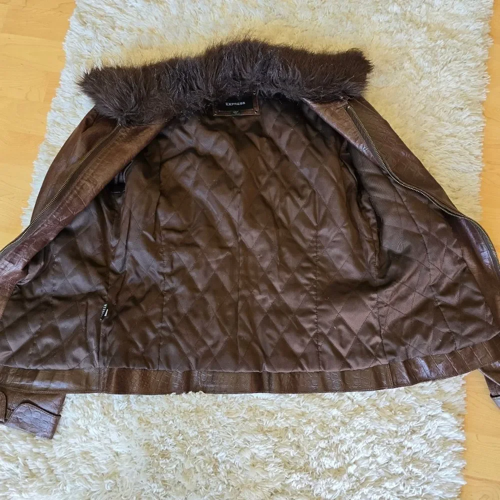 Express Genuine Leather Croc Embossed Brown Jacket Zip Size 14‎ Y2K 90s Western